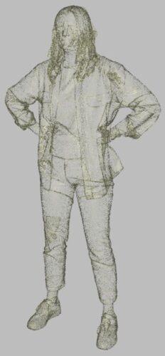 he 3D scan resulted data primarily in the form of a point cloud, which is a collection of points, each with specific X, Y, Z coordinates that define the surface of an object. Here we see a point cloud of a woman standing, holding her hands at her hips. 