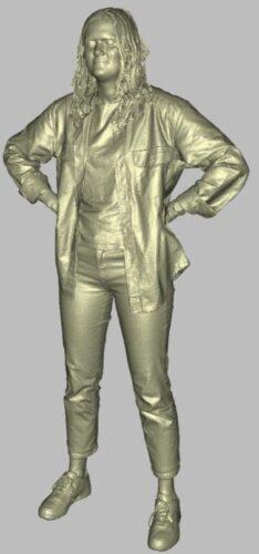 The points cloud has been processed into a 3D model, acting as the vertices of a mesh. Now the features of the woman and her clothing are clearly defined. 