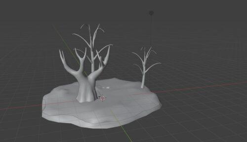 All features from the scenery are removed except the tree trunk and the uneven terrain. 